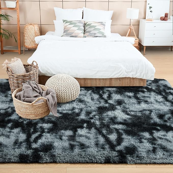 Noahas Fluffy 4x6 Area Rugs for Bedroom Living Room,Tie-Dyed Black and Grey Thick Shag Throw Floor Carpet,Soft Shaggy Bedside Non-Slip Plush Dorm Nursery Kids Rug