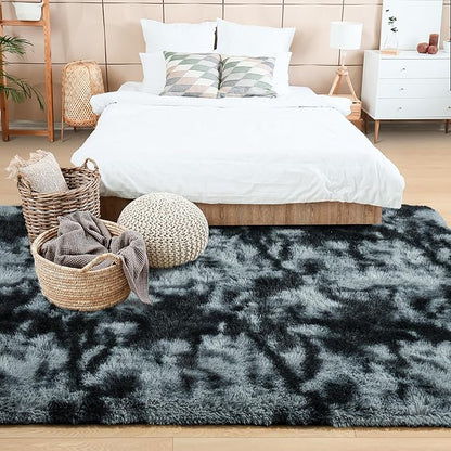 Noahas Fluffy 4x6 Area Rugs for Bedroom Living Room,Tie-Dyed Black and Grey Thick Shag Throw Floor Carpet,Soft Shaggy Bedside Non-Slip Plush Dorm Nursery Kids Rug