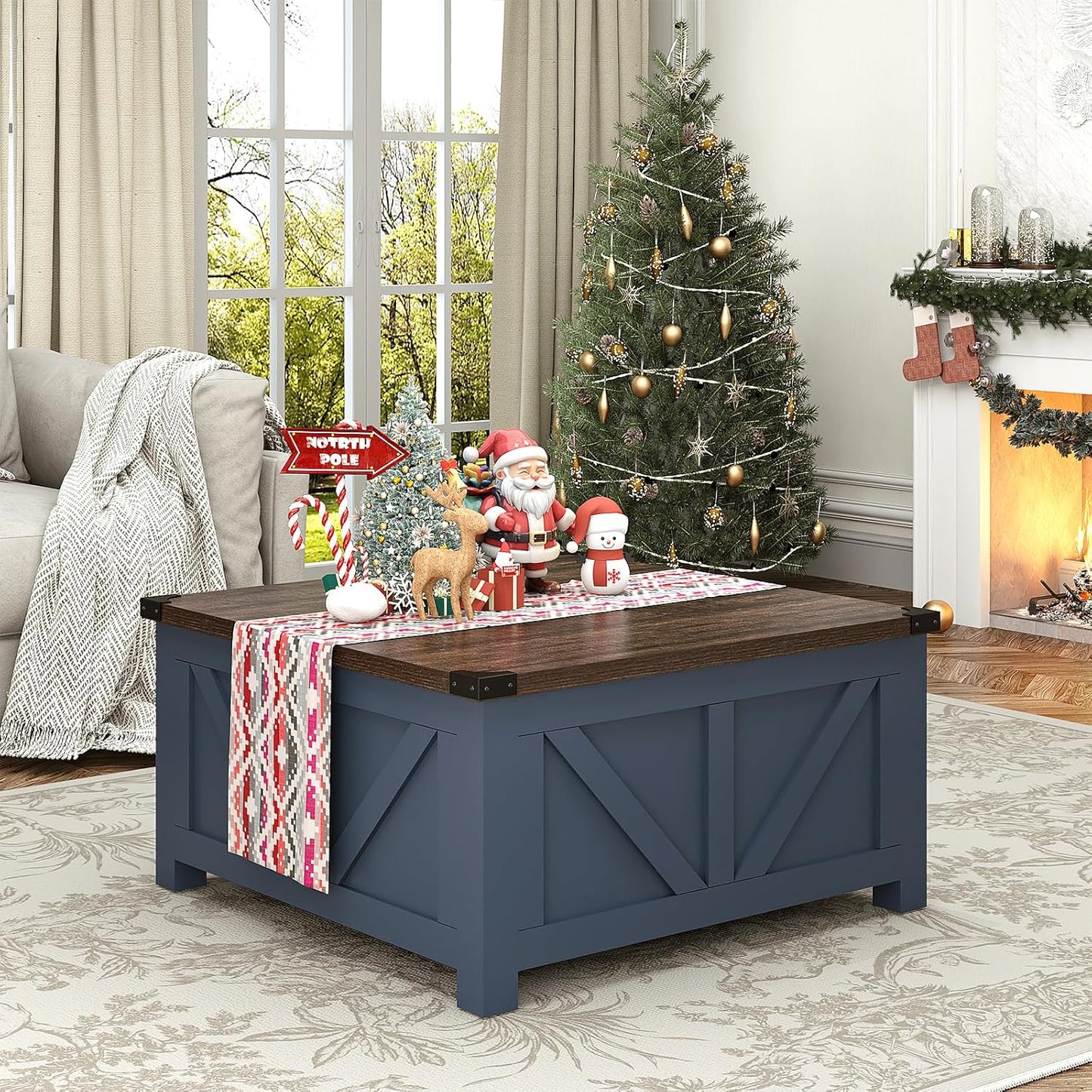 Farmhouse Lift Top Coffee Table with Storage, Wood Square Center Table with Charging Station&USB Port, Living Room Table w/Large Hidden Space, for Living Room, Bedroom, Home Office, Blue