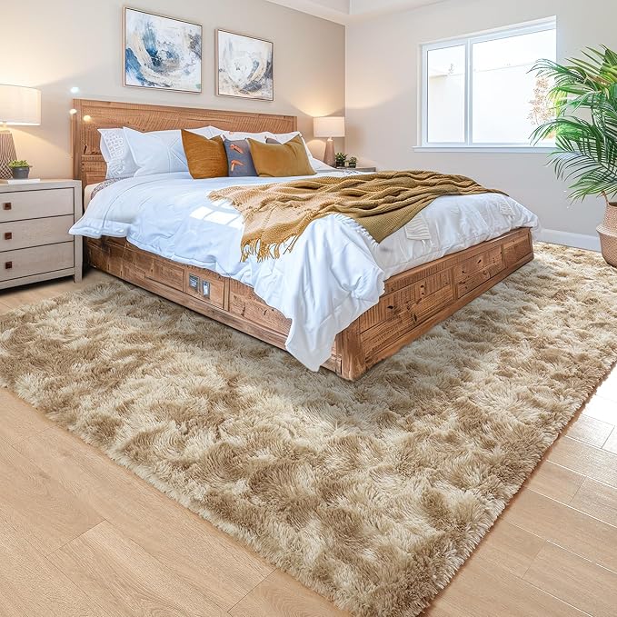 Noahas Fluffy 4x6 Area Rugs for Bedroom Living Room,Tie-Dyed Beige Thick Shag Throw Floor Carpet,Soft Shaggy Bedside Non-Slip Plush Dorm Nursery Kids Rug