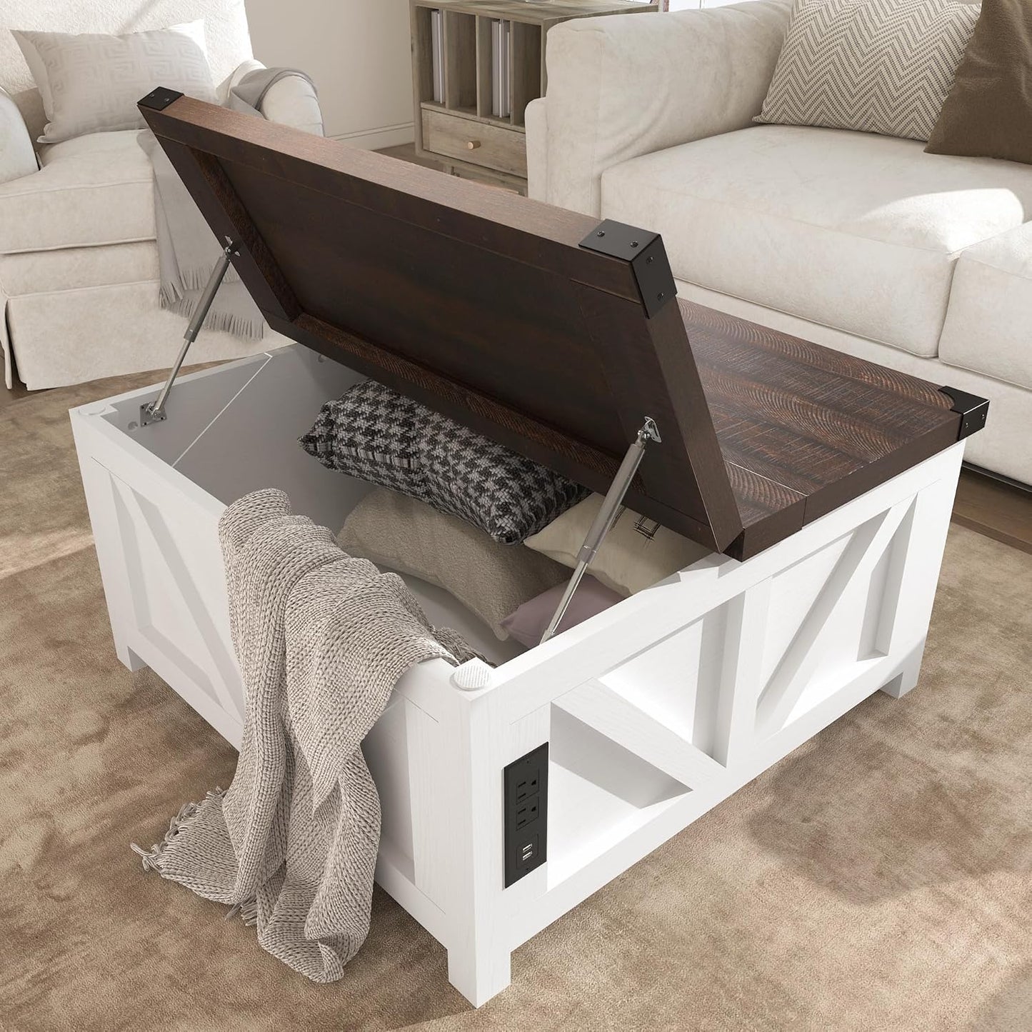 Farmhouse Lift Top Coffee Table with Storage, Wood Square Center Table with Charging Station&USB Port, Living Room Table w/Large Hidden Space, for Living Room, Bedroom, Home Office, White