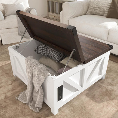 Farmhouse Lift Top Coffee Table with Storage, Wood Square Center Table with Charging Station&USB Port, Living Room Table w/Large Hidden Space, for Living Room, Bedroom, Home Office, White