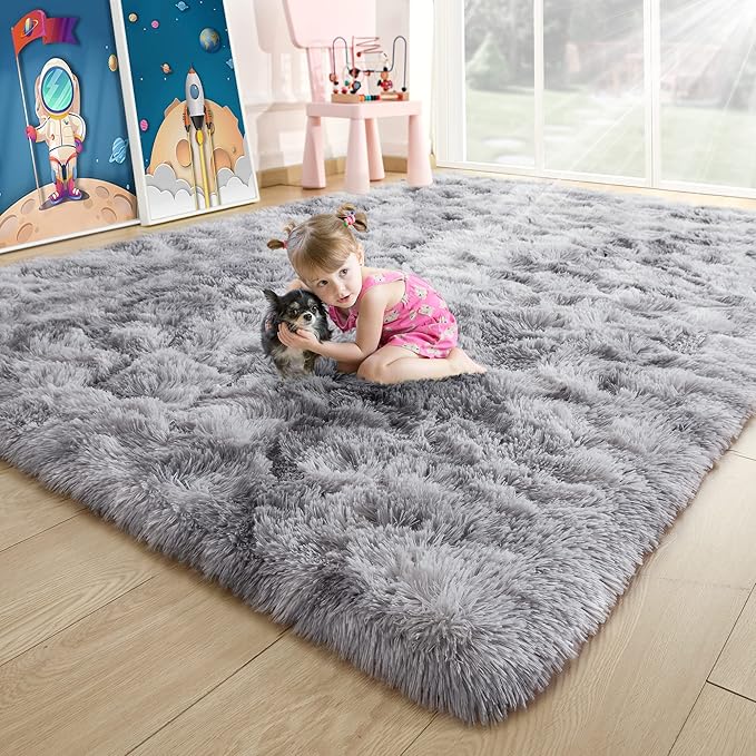Noahas 8x10 Area Rugs for Living Room,Tie-Dyed Grey Area Rug,Big Shaggy Rugs for Bedroom,Fluffy Large Carpet,Soft Kids Rug Non Slip Reduce Noise Room Decor