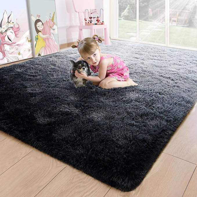 Noahas Fuzzy Rugs for Bedroom,4x6 Tie-Dyed Black and Grey Area Rug,Fluffy Thick Shag Carpet,Fuzzy Living Room Rugs,Soft Kids Rug Non Slip Reduce Noise Room Decor