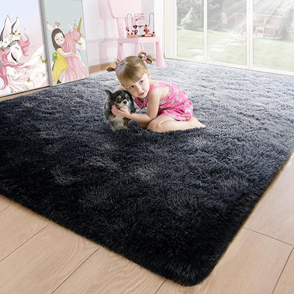 Noahas Fuzzy Rugs for Bedroom,4x6 Tie-Dyed Black and Grey Area Rug,Fluffy Thick Shag Carpet,Fuzzy Living Room Rugs,Soft Kids Rug Non Slip Reduce Noise Room Decor
