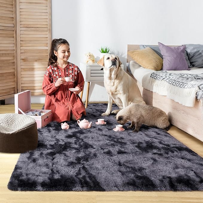 Noahas 8x10 Area Rugs for Living Room,Tie-Dyed Black and Dark Grey Area Rug,Big Shaggy Rugs for Bedroom,Fluffy Large Carpet,Soft Kids Rug Non Slip Reduce Noise Room Decor