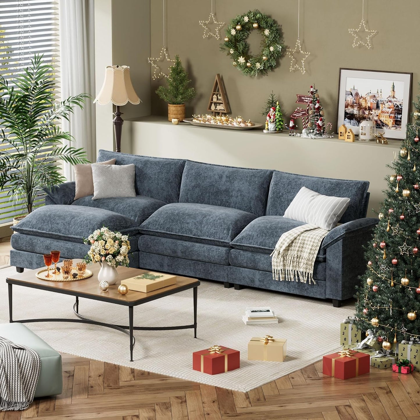 YESHOMY Sectional Modular Sofa L Shaped Chenille Fabric Couch with High Supportive & Soft Sponges and Removable Ottoman, Sleeper Comfy Upholstered Furniture for Living Room, Blue