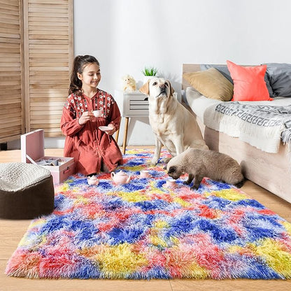 Noahas 5x8 Area Rugs for Living Room,Tie-Dyed Blue and Yellow Area Rug,Big Shaggy Rugs for Bedroom,Fluffy Large Carpet,Soft Kids Rug Non Slip Reduce Noise Room Decor